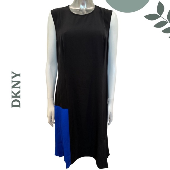 DKNY Colorblock Sleeveless Dress Black Royal Blue Pleats – Size 8 - Picture 1 of 7